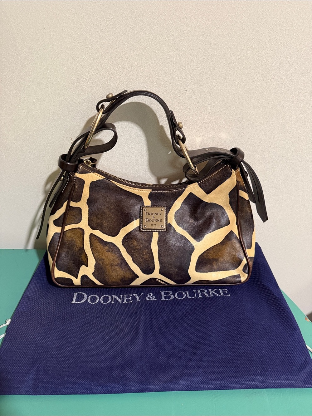 Dooney & Bourke Vintage Brown and Cream Giraffe Print Leather Hobo Shoulder Bag
